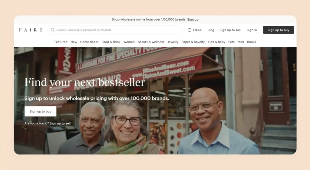 Faire wholesale marketplace showing independent brand product discovery for resellers