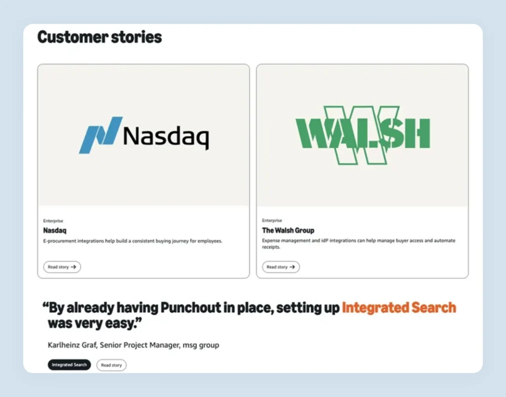 Amazon Business customer success stories featuring Armed Services YMCA Camp Pendleton and Nebraska Medicine logos and results