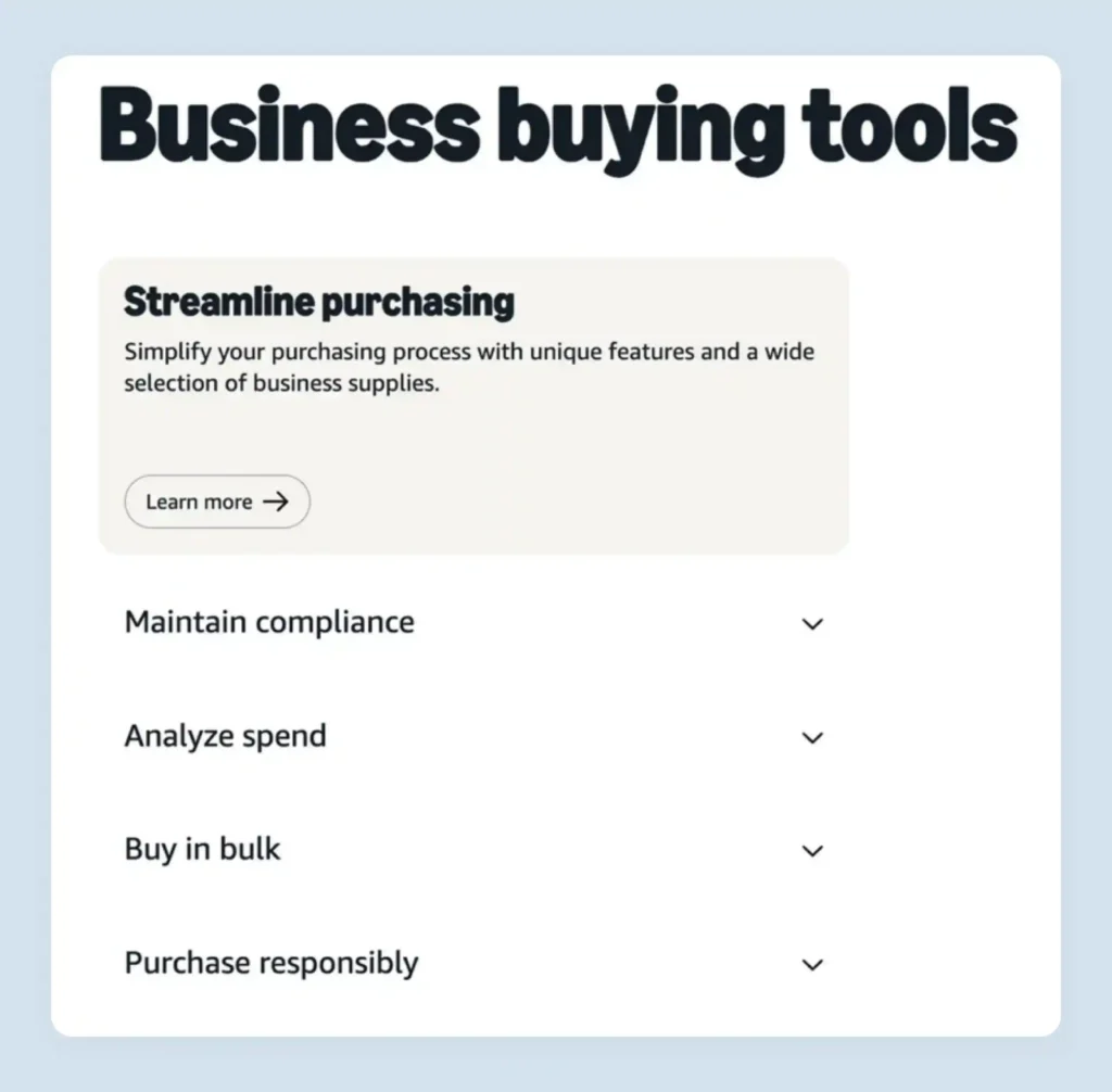 Amazon Business procurement features page showing approval workflows and spending controls