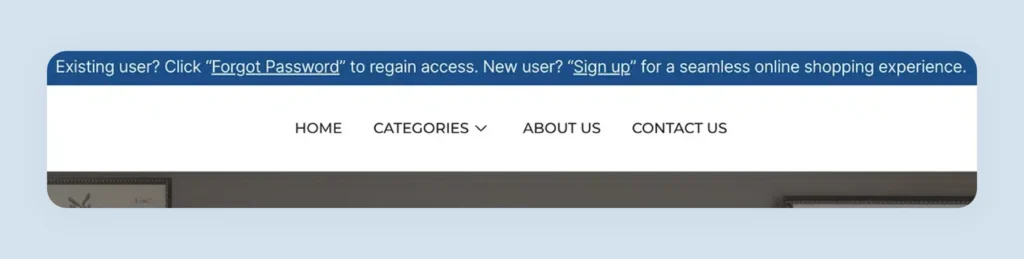 Antique Curiosities login banner guiding existing and new users with clear instructions