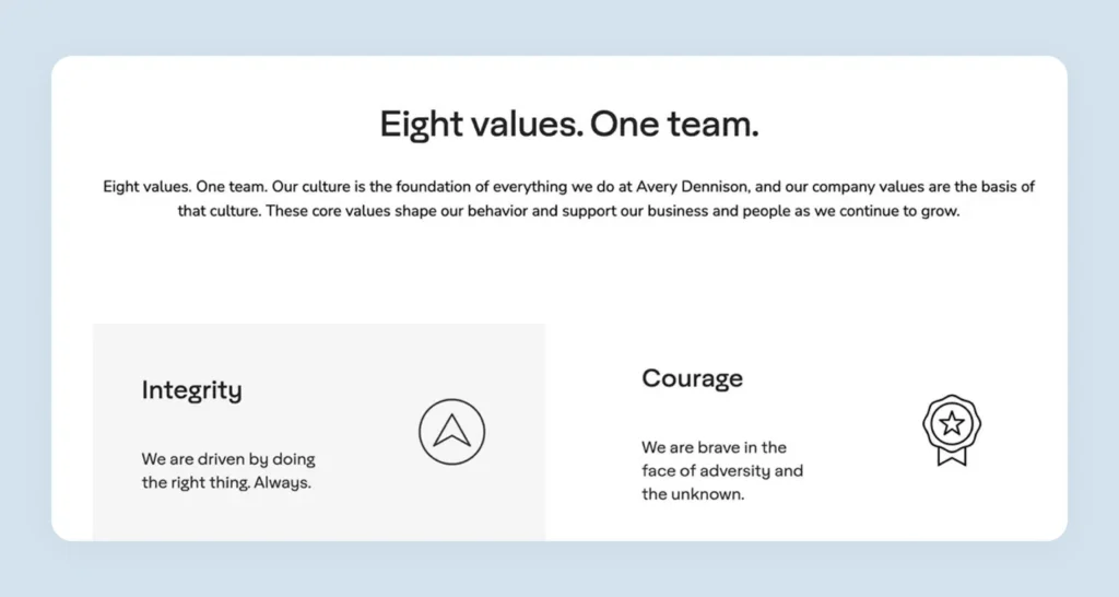 Avery Dennison company values section displayed throughout ecommerce website for buyer trust building