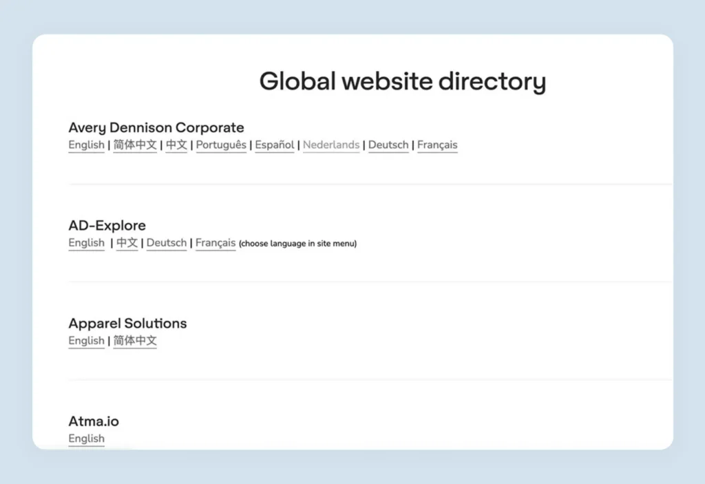 Avery Dennison global website directory showing regional sites and specialized division portals