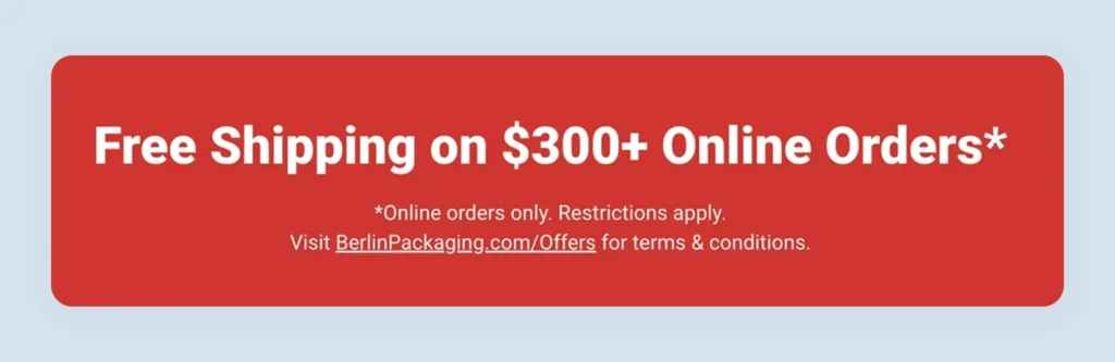 Berlin Packaging promotional offer banner displayed prominently above the fold on homepage