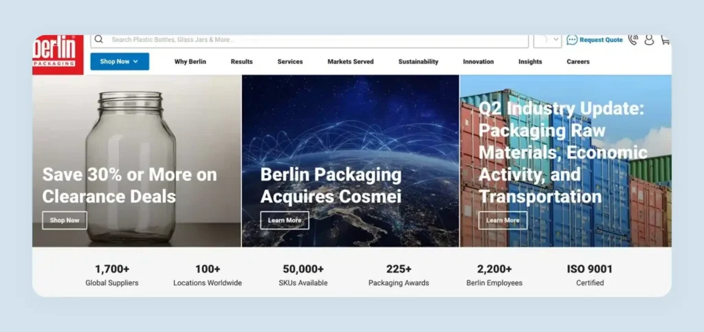 Berlin Packaging supplier and SKU credibility statistics displayed prominently on homepage