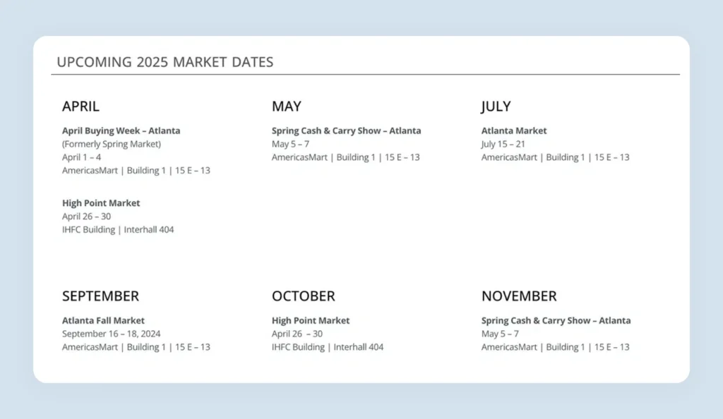 Emdee International trade show schedule listing booth numbers for wholesale buyer reference