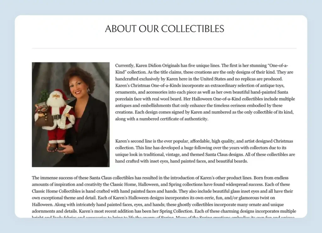 Karen Didion About Our Collectibles page showing craftsmanship story and authenticity details