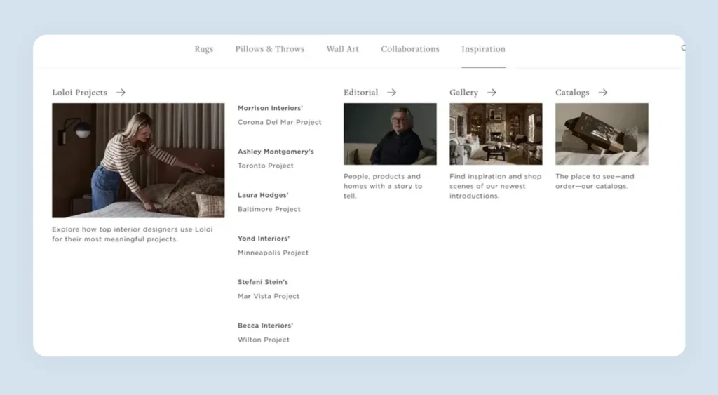Loloi Rugs inspiration tab showing interior design lifestyle photography for B2B trade buyers