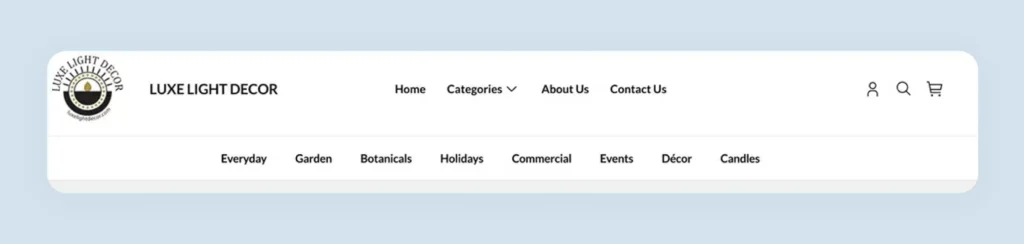 Luxe Light Decor top navigation bar showing Garden Holidays Commercial and Events categories