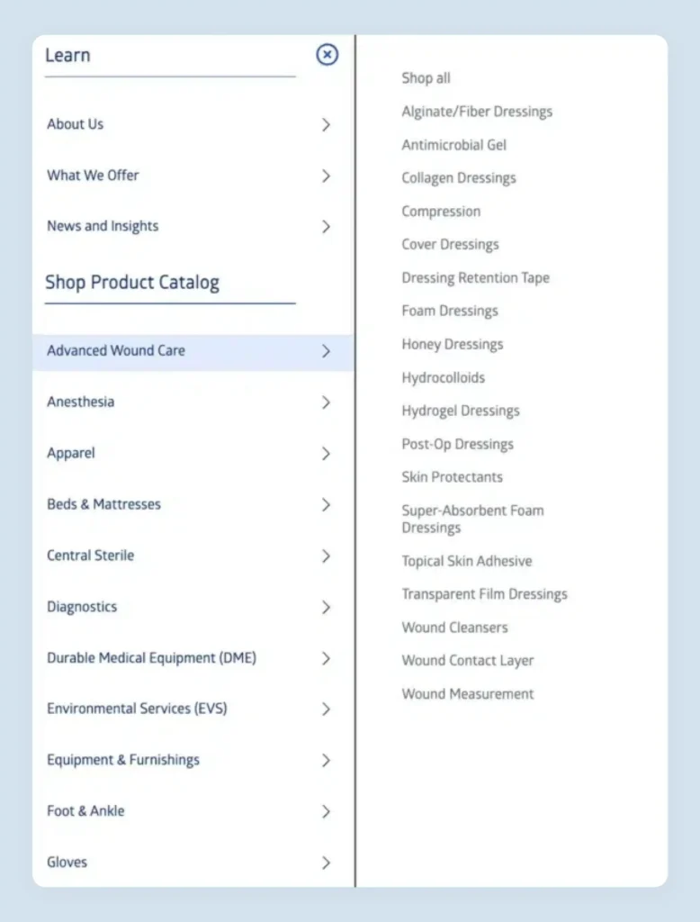 Medline medical specialty navigation showing clinical product categories for healthcare procurement teams