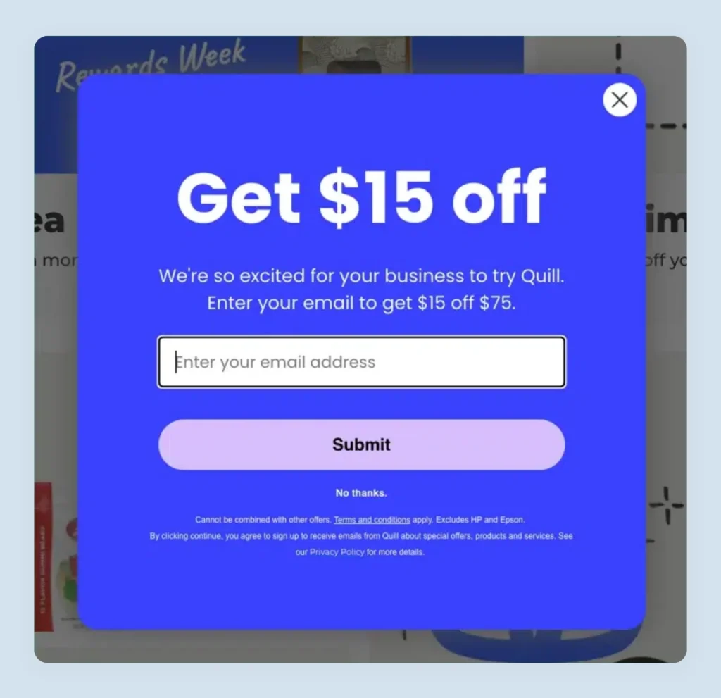 Quill homepage with promotional offer banners and pop-up overlay driving buyer engagement