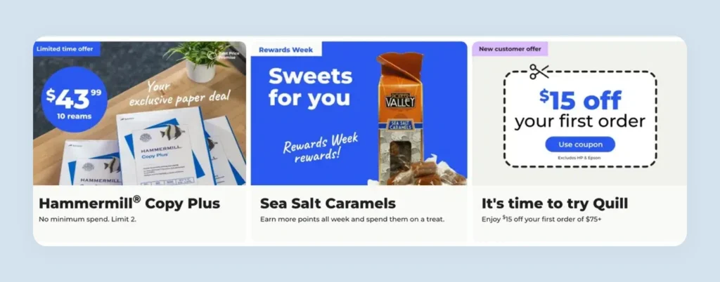 Quill loyalty rewards program showing redeemable points options for B2B business buyers