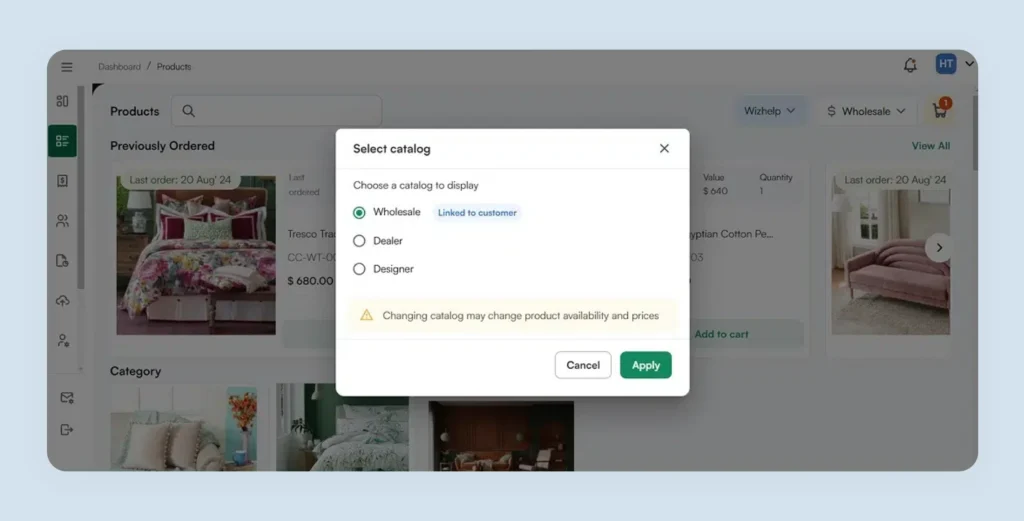 WizCommerce B2B ecommerce catalog with custom category views for different buyer segments