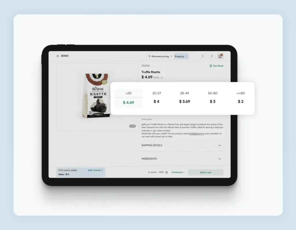 WizCommerce customer-specific pricing interface showing account-level rates and volume discount tiers