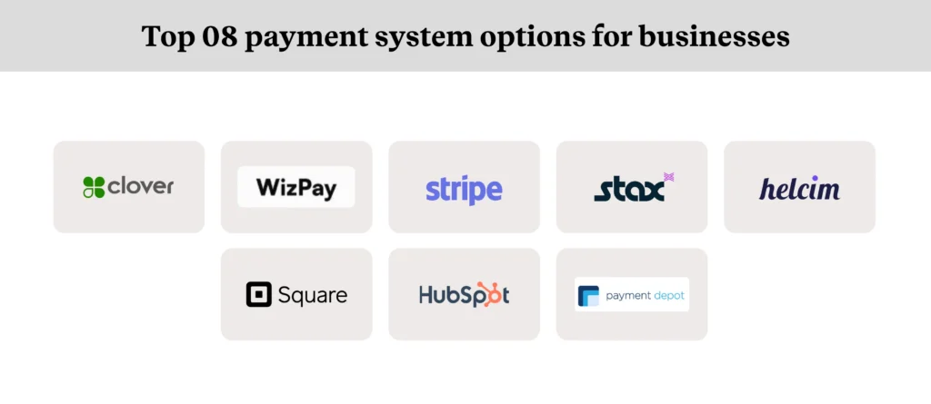  Payment systems for small businesses comparison featuring WizCommerce’s WizPay, Clover, Square, Stax, Stripe, and Helcim 