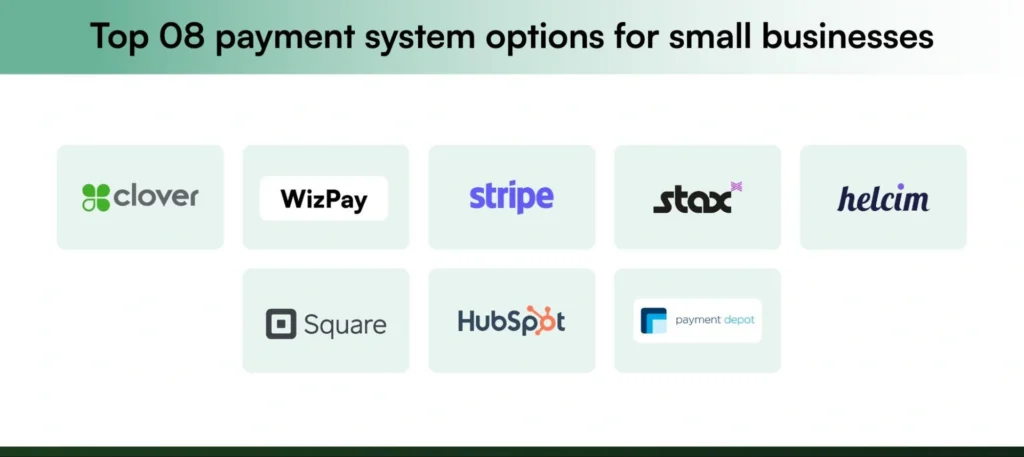 Payment systems for small businesses comparison featuring WizCommerce’s WizPay, Clover, Square, Stax, Stripe, and Helcim