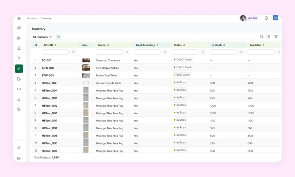 Inventory dashboard view for reps