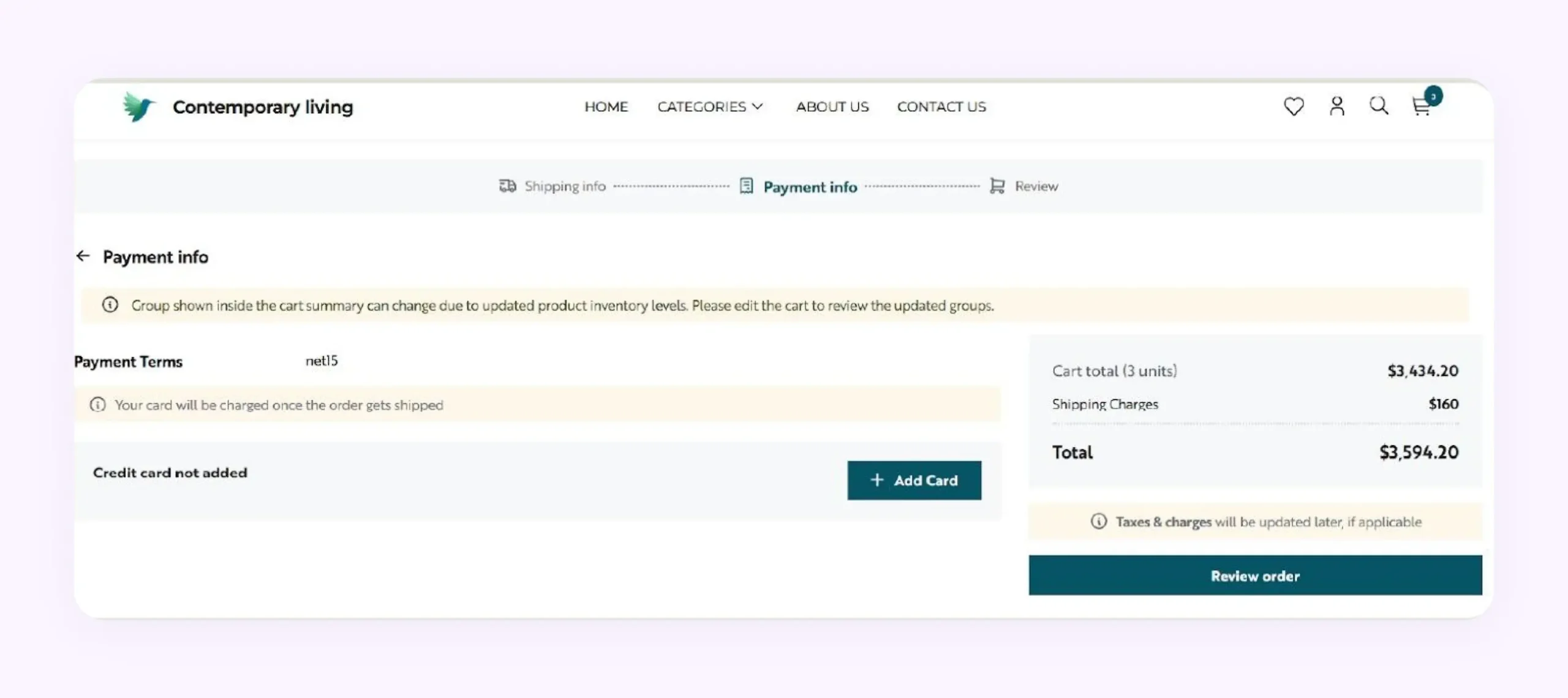 A checkout page of a B2B storefront created in WizCommerce