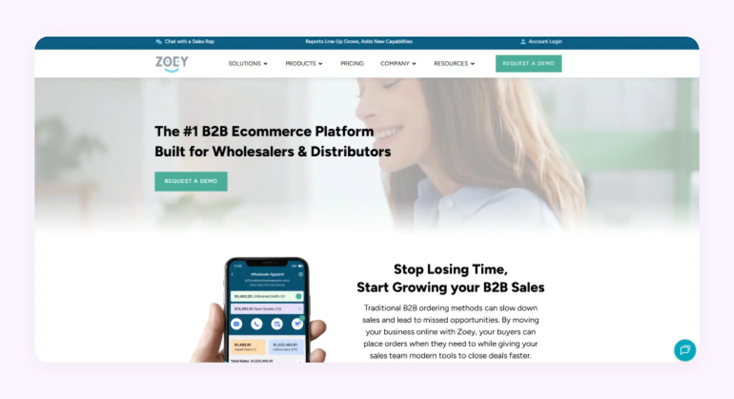 Screenshot of the home page of Zoey