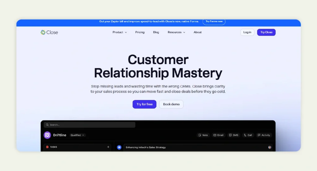 Close CRM homepage
