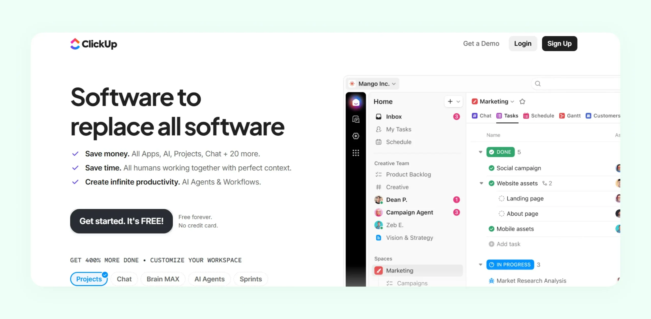 ClickUp project management CRM platform showing task management dashboards and team collaboration tools 