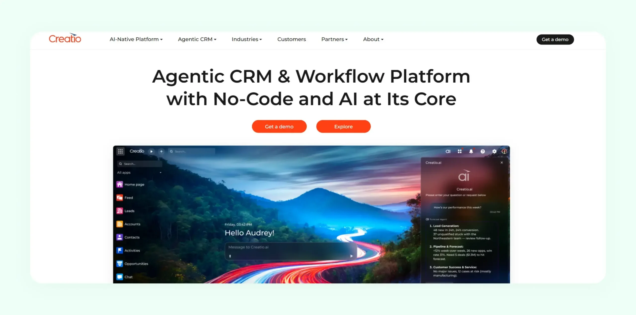 Creatio CRM platform showing no-code workflow automation and marketing campaign management tools