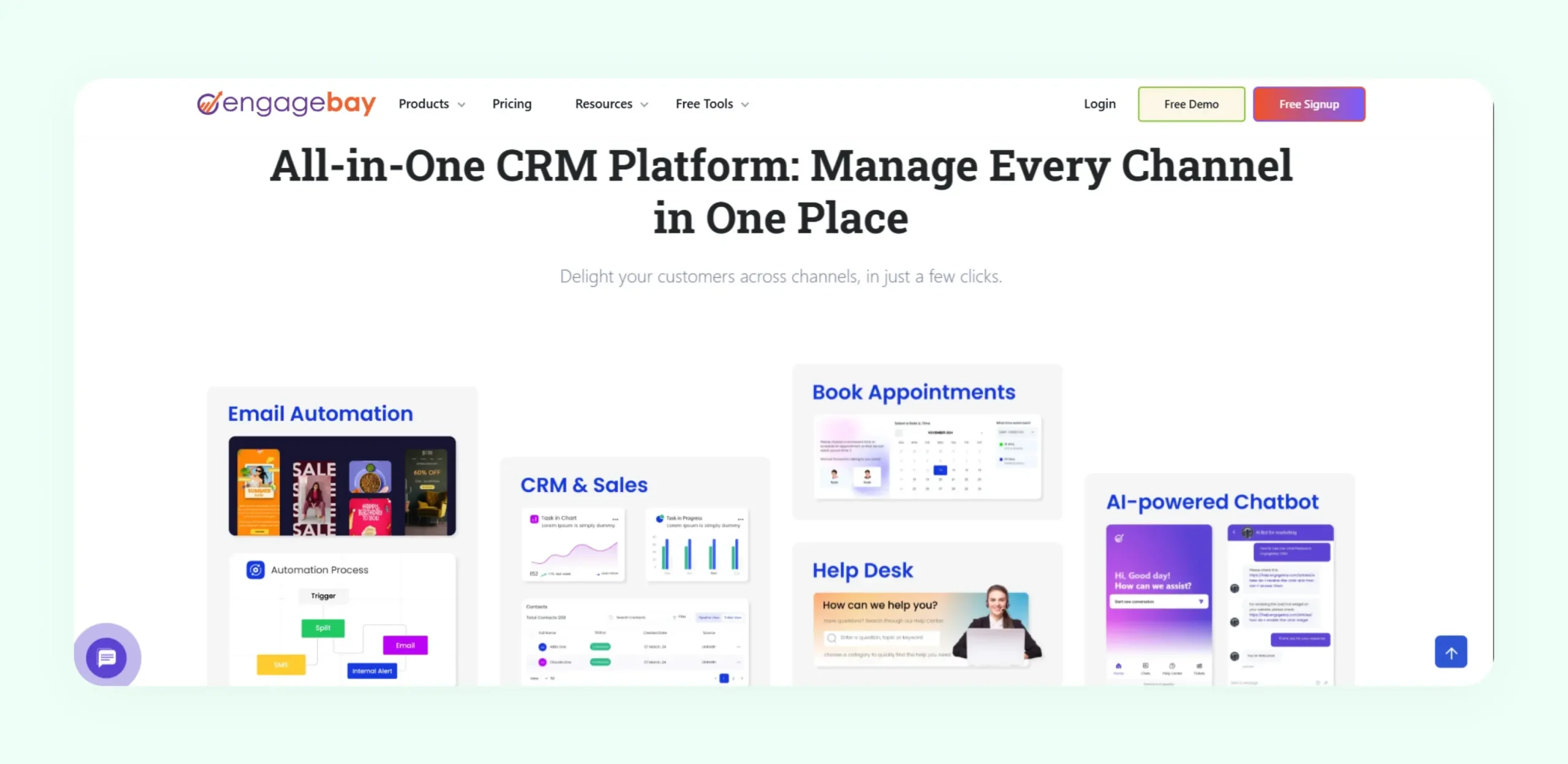 EngageBay all-in-one CRM platform showing email marketing and customer support automation tools 