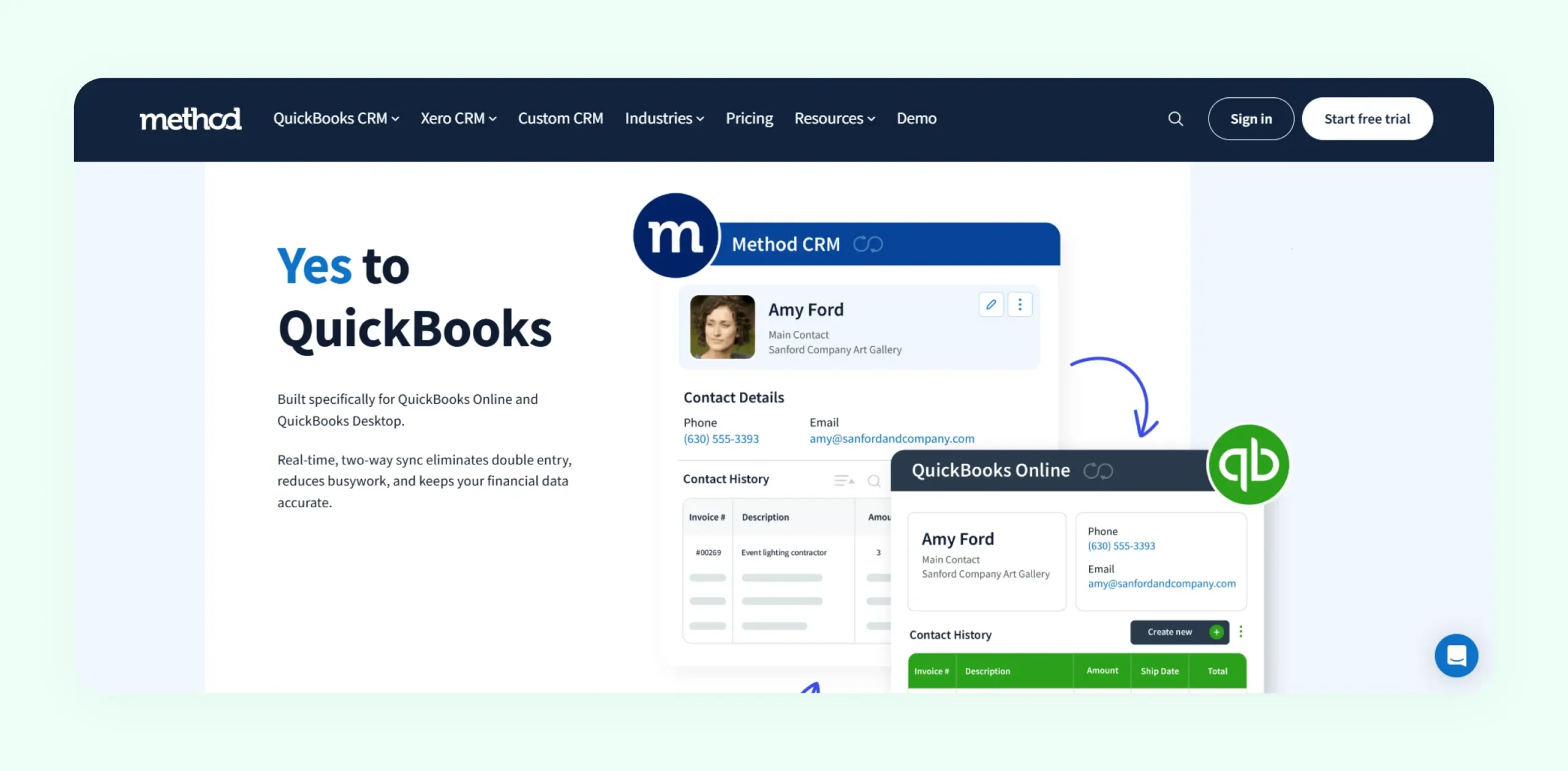 Method CRM platform showing QuickBooks integration and customer portal for accounting-focused businesses