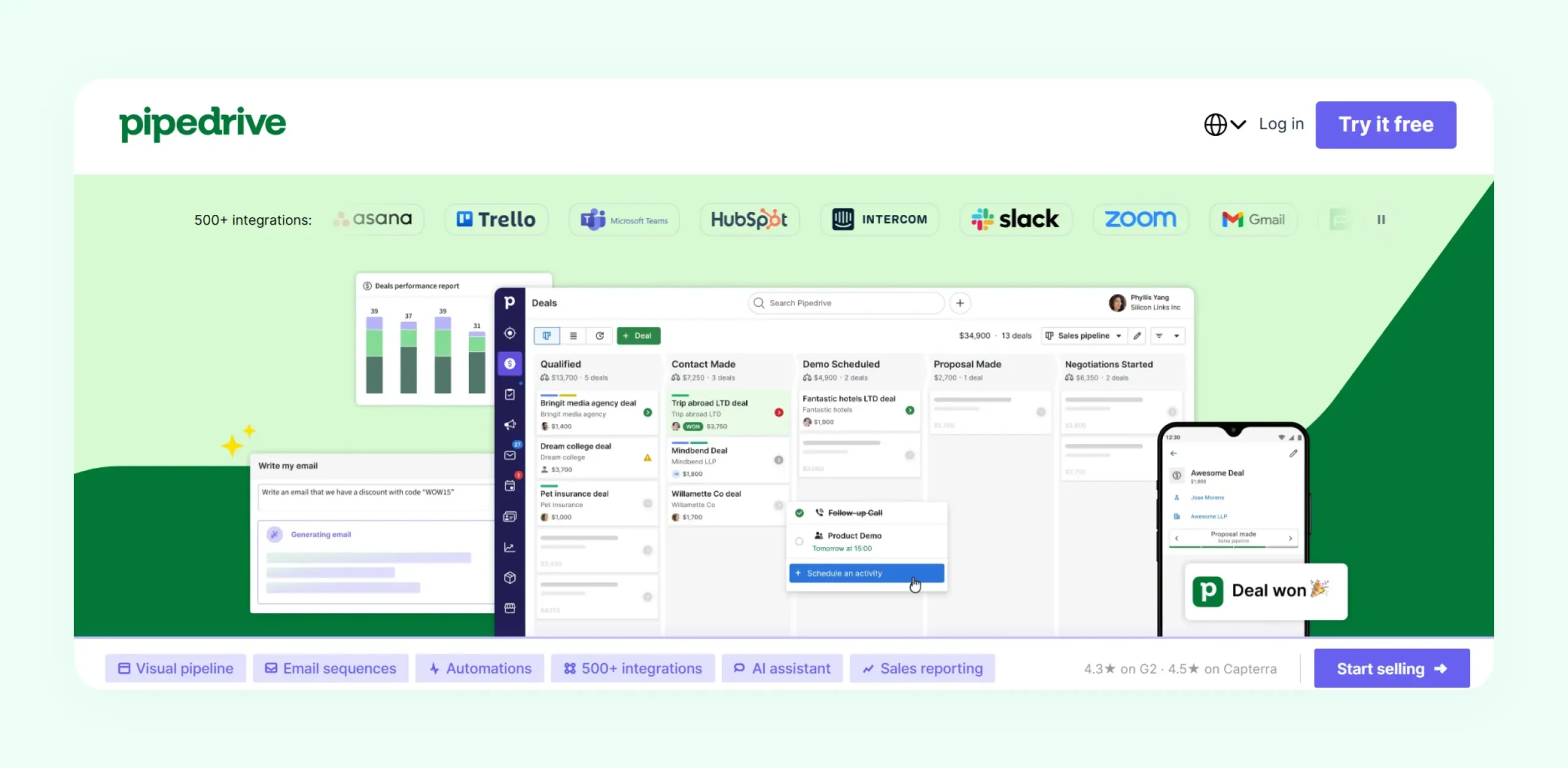Pipedrive CRM dashboard showing visual sales pipeline and deal stages for small sales teams 