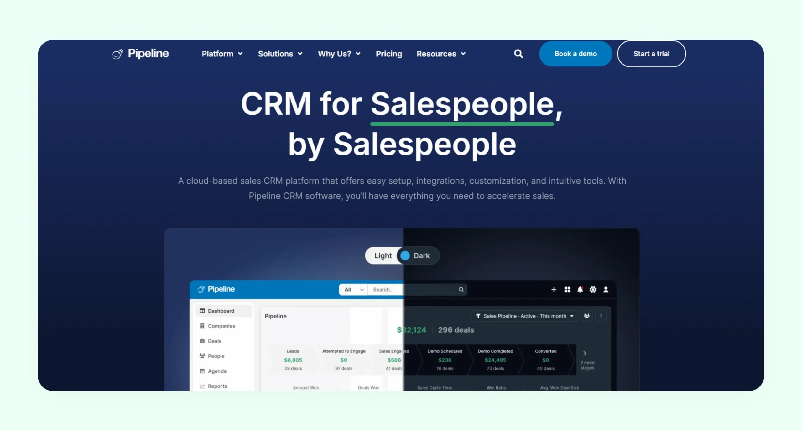 Pipeline CRM dashboard showing deal stages email tracking and customer account management tools 