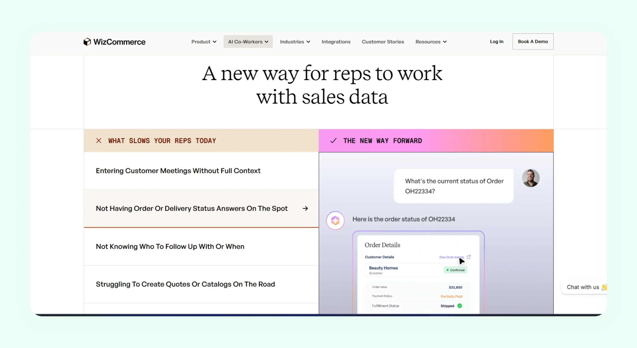 WizCommerce B2B CRM dashboard showing wholesale sales pipeline and customer account management