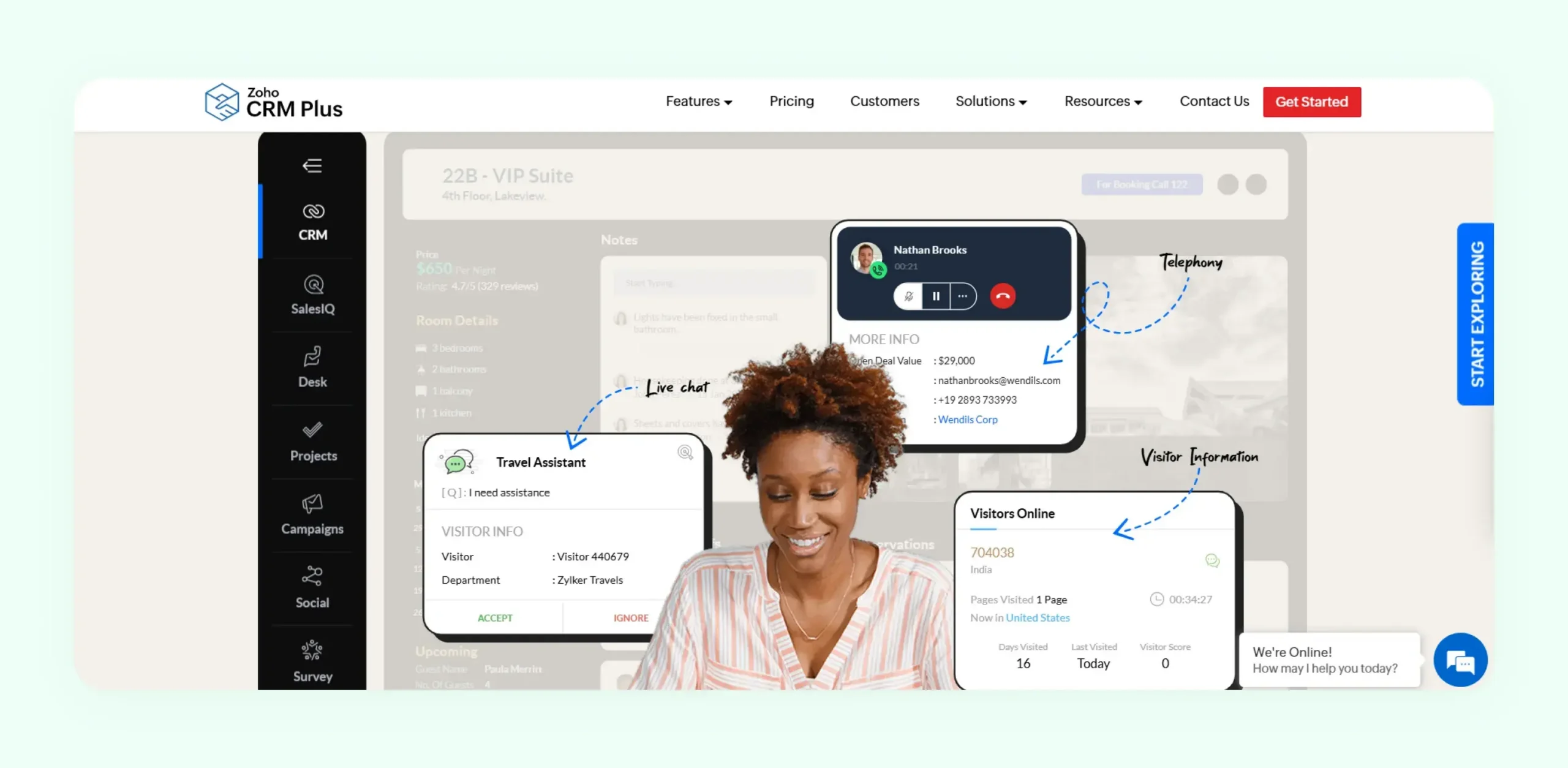 Zoho CRM platform showing omni-channel engagement and marketing automation tools for mid-size businesses 