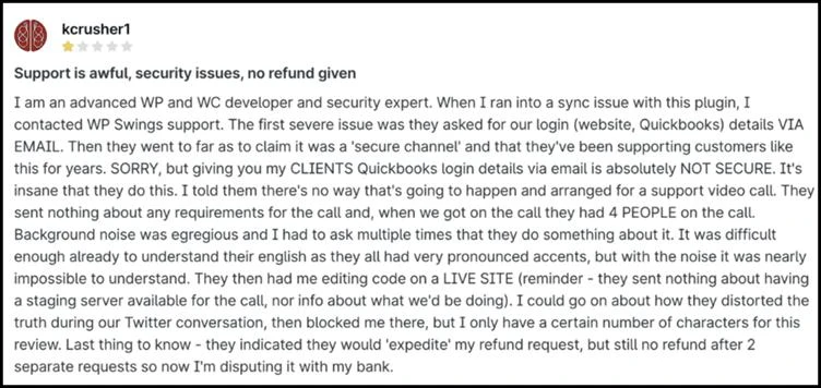 WooCommerce review highlighting issues with support and security 