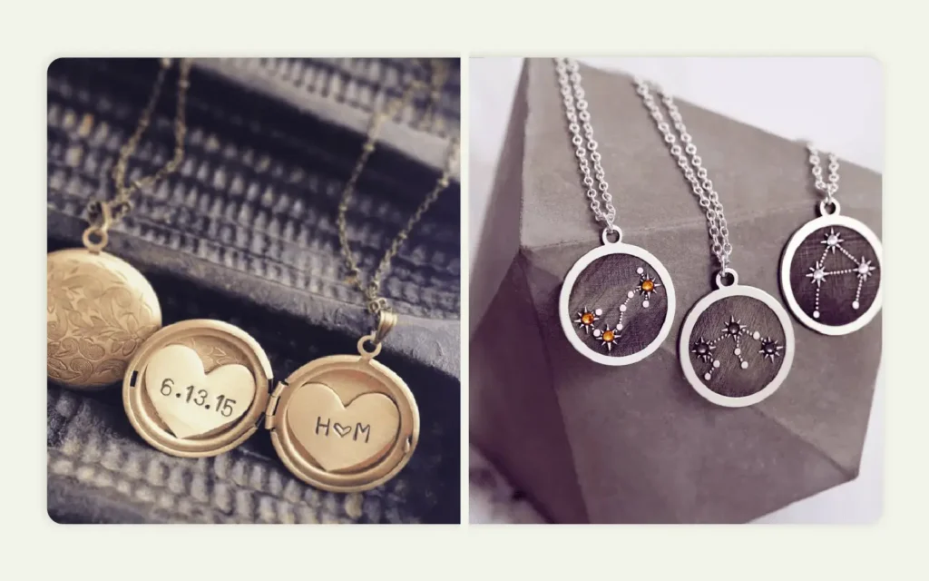 Two necklaces with personalization one using names and the other zodiac constellations