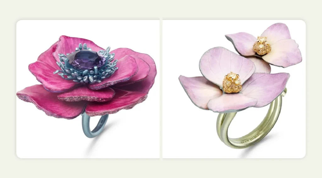 Two realistic purple flower rings with central gemstone 