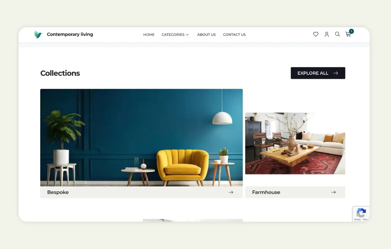 Furniture ecommerce platform with intuitive categories and collection rails for easy navigation
