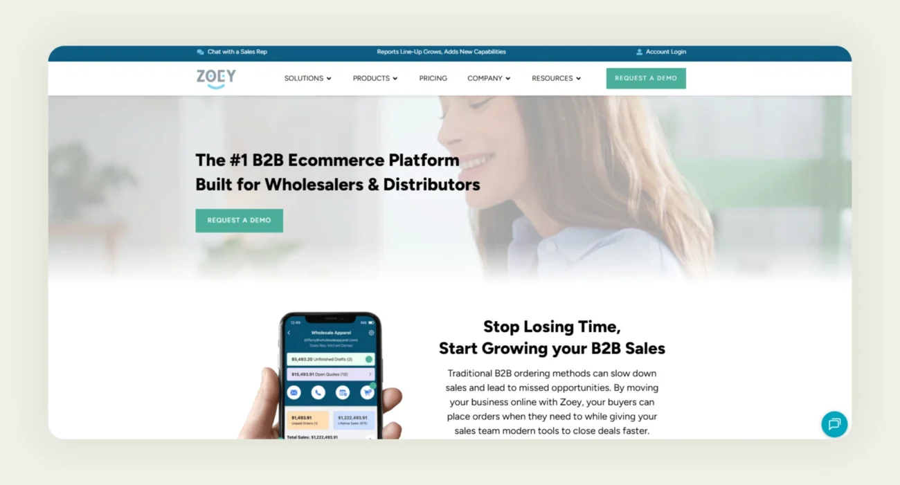 Screenshot of the home page of Zoey