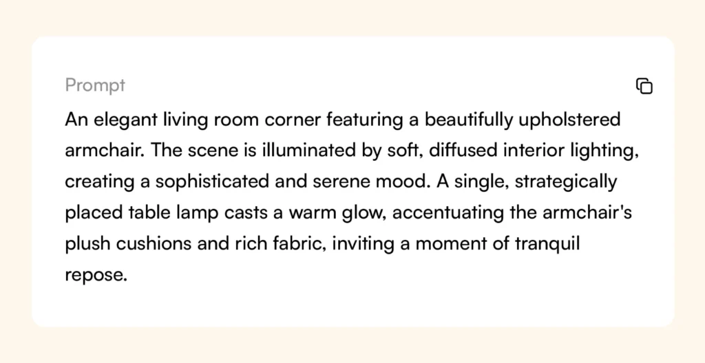 An AI prompt for generating a furniture lifestyle image in WizStudio