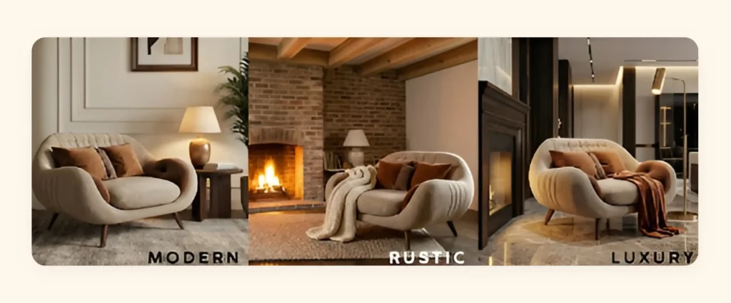 Sample sofa placed in three different types of lifestyle settings