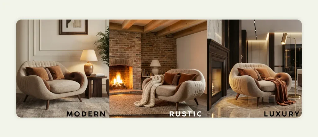 Sample sofa placed in three different types of lifestyle settings