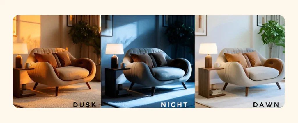 Sofa placed in three different types of lighting