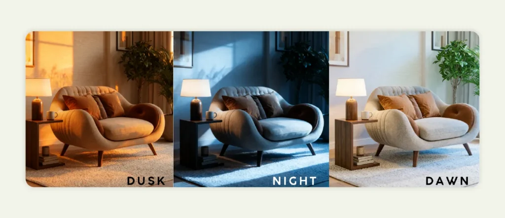 Sofa placed in three different types of lighting