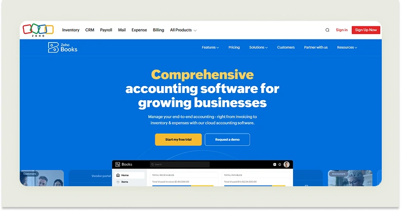 Zoho Books website interface Zoho Books website interface