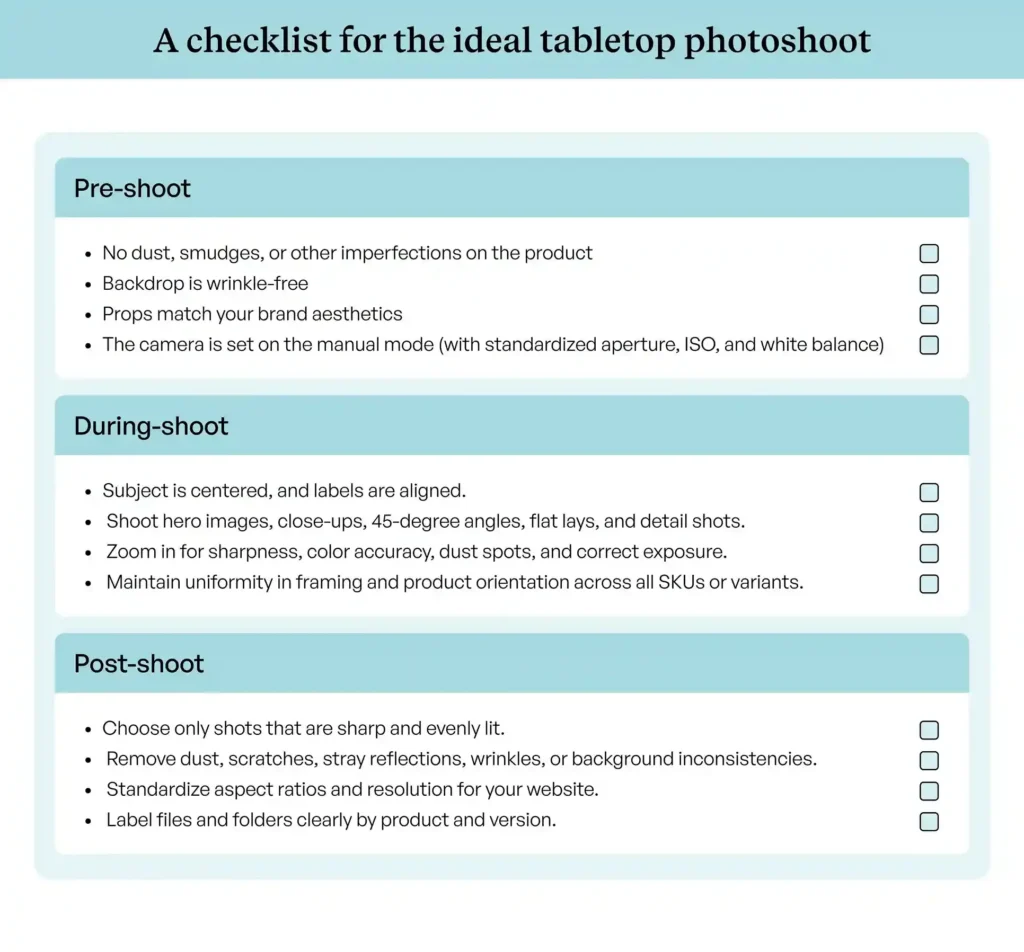 Checklist to ensure optimal tabletop photoshoot