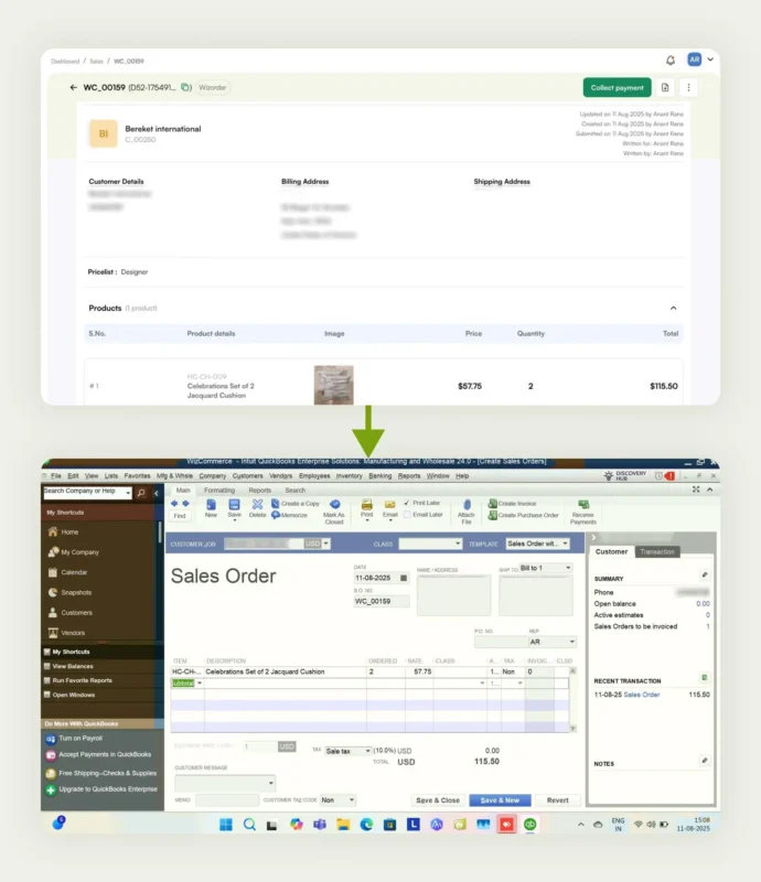 An order placed on WizOrder is reflected in real time in QuickBooks