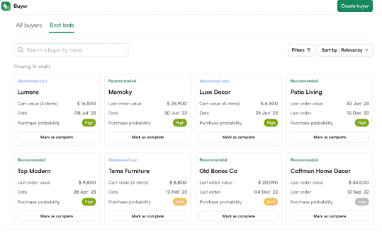 WizAI analyzes data inputs like order frequency, sample-to-order conversion timelines, quote-to-order timelines, browsing activity, and abandoned carts to help you segment customers based on buying intent and timelines.