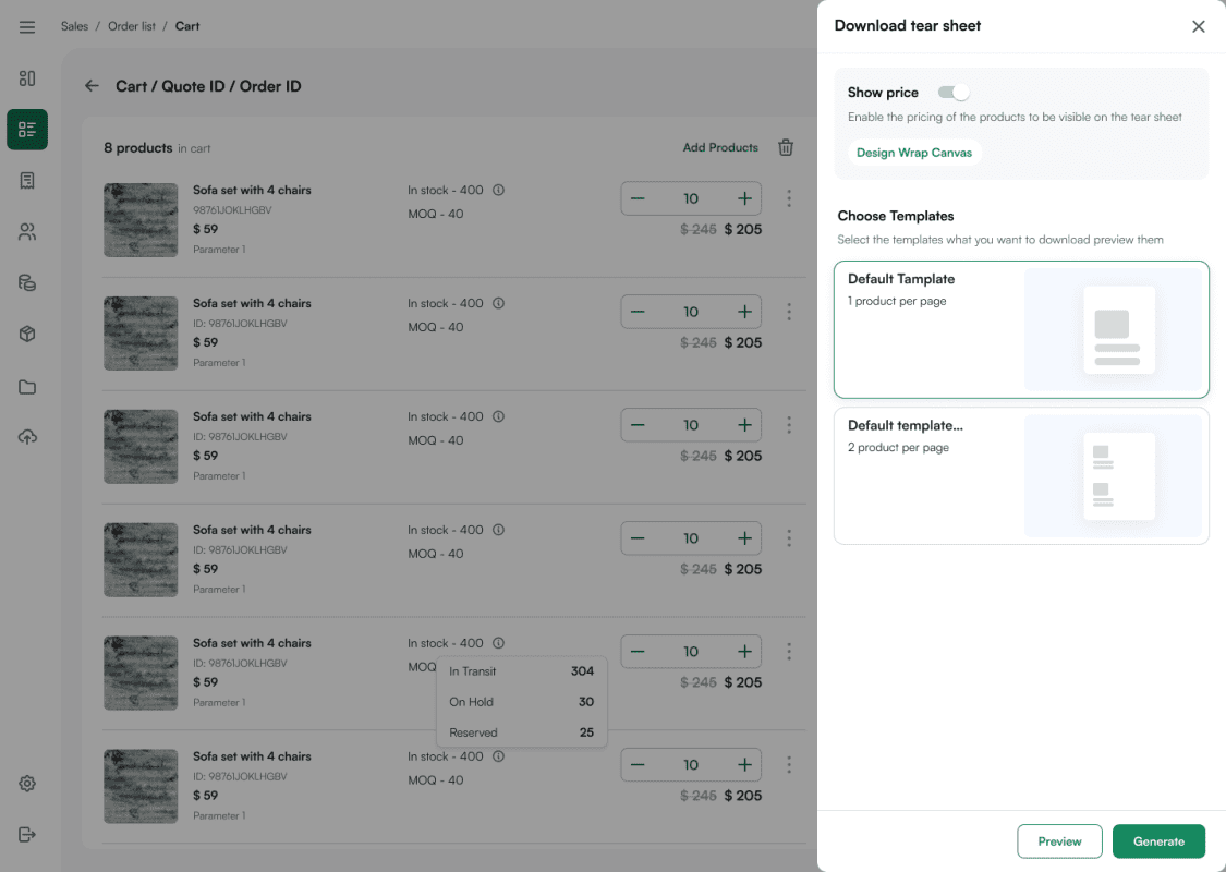 B2B sales automation allows you to ‍shortlist products based on customer interest and create professional-looking tear sheets on the spot with minimal effort, freeing up time for more productive tasks