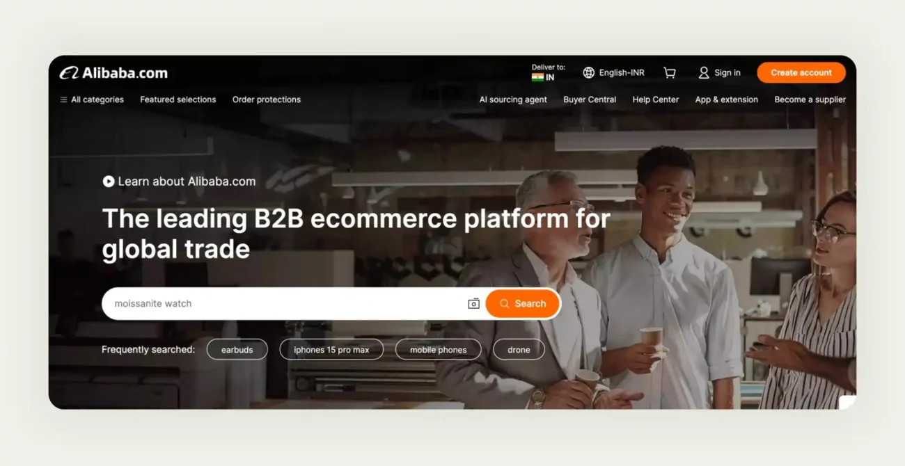 Alibaba B2B marketplace platform interface showing global supplier directory and product search