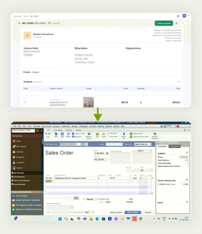 An order placed on WizOrder is reflected in real time in QuickBooks 