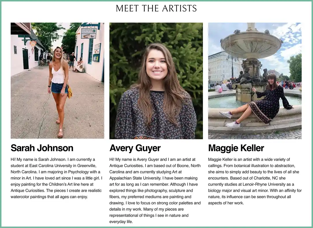 Artist profiles with personal stories for product authenticity
