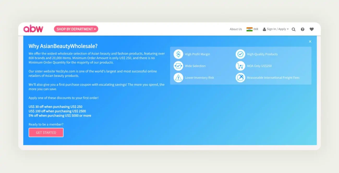 Asian Beauty Wholesale platform showing multi-brand beauty and fashion supplier directory